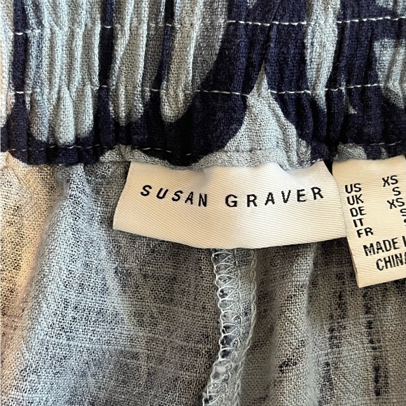 SUSAN GRAVER LINEN BLEND CROP TIE WAIST PANTS XS BLUE TROPICAL PRINT - Picture 5 of 10